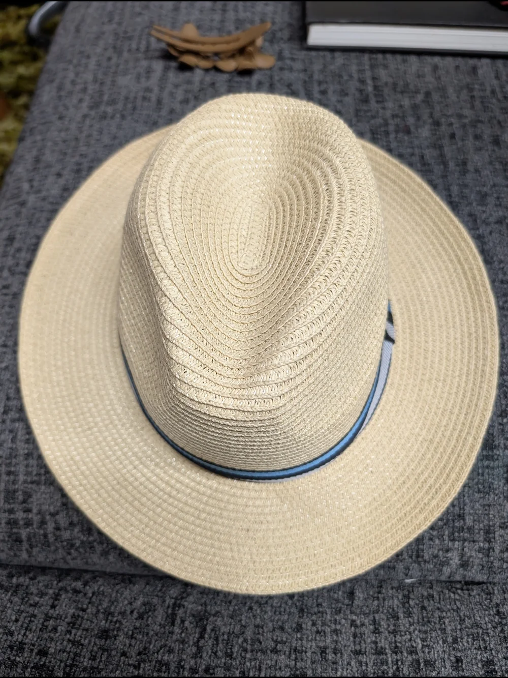 Amazon Essentials Beige Straw Fedora with Blue Trim